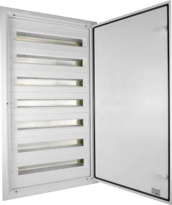 An open electrical distribution box with multiple module slots.