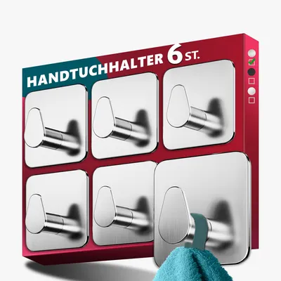 Produktbild von Lindenstein Handtuchhalter ohne Bohren, 6er-Set, selbstklebend, oval, Edelstahl, silber, für Bad und Fliesen