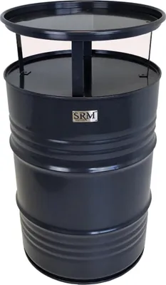A dark gray barrel-shaped table with a black top and a black tray on top.