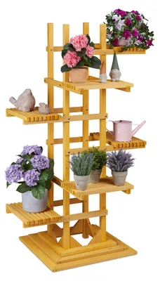 Produktbild von Blumenständer, Kräuterregal mit 6 Ablagen, H x B x T 152,5 x 80 x 73 cm, Holz, Pflanzenständer für drinnen und draußen, natur