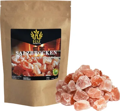 Produktbild von HAF Rosa Salzbrocken 1 kg | Grobe Steinsalz Brocken ohne Zusätze und naturbelassen aus der Salt Range in Pakistan | Salzsteine | Solebrocken