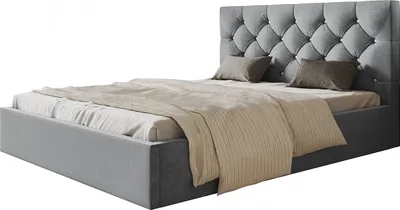 Produktbild von Polsterbett BOSTON SLIM mit Lattenrost aus Metall und Bettkasten, 180x200 cm, Doppelbett mit gepolstertem Kopfteil, Hellgrau, Velourestoff