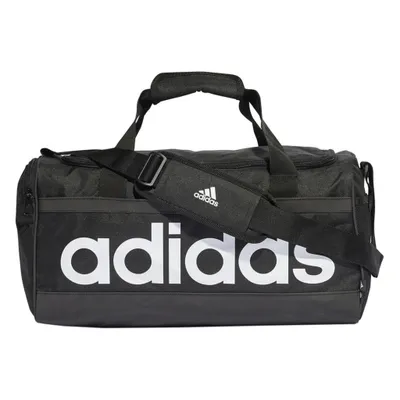 A black Adidas duffel bag with white Adidas lettering across the front.