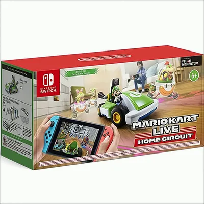 The image shows the packaging for Mario Kart Live: Home Circuit - Luigi, with a Nintendo Switch console and a remote-controlled kart visible.