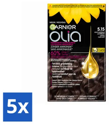 Imagen del producto de 5 tintes para el cabello Garnier Olia 5.15, color castaño claro, sin amoníaco, pack de 5 unidades
