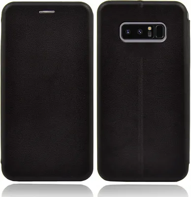 A black flip case for a Samsung Galaxy Note 8 is shown from the front and back.