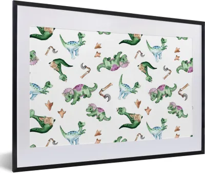 Produktbild von MuchoWow® Gerahmtes Poster Dinosaurier - Muster - Kinderzimmer - Jungen - Mädchen - Kinder 60x40 cm - Poster mit Schwarzem Bilderrahmen Wandposter Rahmen Foto Bilder - Schlafzimmer - Plakat in Rahmen - Drucken
