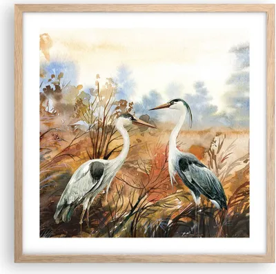 Produktbild von Gerahmtes Poster - Rahmen in heller Eiche - Kraniche Vögel Herbst - 50x50 cm - Wand Bild - Wanddeko - Wandbilder - Kunstposter - Wandposter - Bilderrahmen - Bilder - Kunstdruck - P2NAC50x50-5077