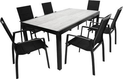 Produktbild von TPFGarden GARTEN-GARNITUR Ashford - 7-teilige Garten-Essgruppe (6x Stapelsessel mit Armlehnen, 1x Ausziehtisch 180/240x100cm), Gestell Aluminium anthrazit, Bezug Kunstgewebe schwarz mit Polsterung. Tischplatte Keramikoptik grau. BxTxH: 180,0 - 240,0x230x96 cm