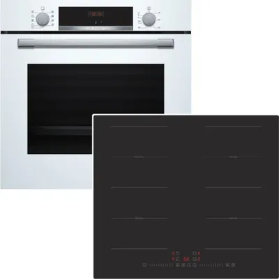 A white oven and a black induction hob are shown against a white background.