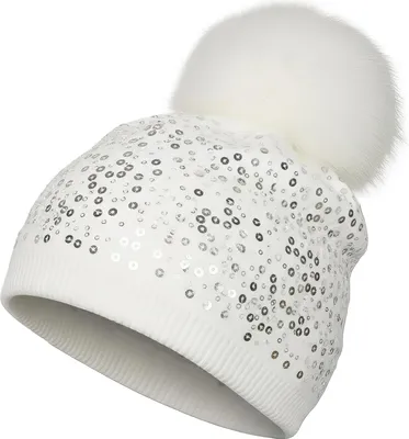 Produktbild von styleBREAKER Feinstrick Bommelmütze mit Pailletten und abnehmbarem Kunstfell Bommel, Fellbommel Mütze, Damen 04024134