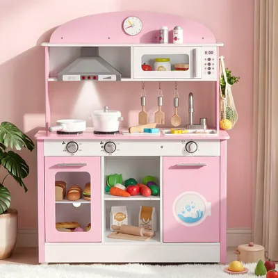 Produktbild von Spielküche für Kinder - Kinderküche aus Holz - Mit Licht & Sound - Herd Backofen Spüle Mikrowelle Dunstabzug Geschirrspüler - Inklusive Kochzubehör - Für Kinder ab 3 Jahren - Rosa