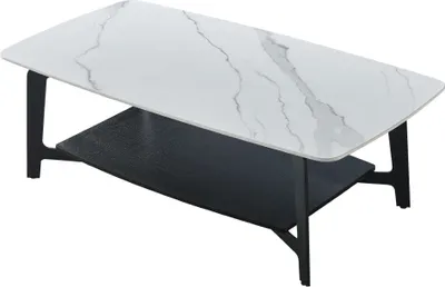 A rectangular coffee table with a white marble-patterned top and a black shelf underneath, supported by black metal legs.