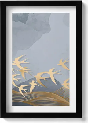Produktbild von Illustration von fliegenden Vögeln– Wandbild mit Rahmen – Gerahmtes Bild  – Wanddekoration – 20x30 cm – Schwarz