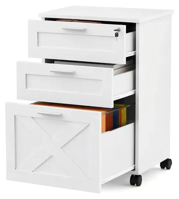 Zdjęcie produktu dla Mobilna szafka biurowa - szafka na dokumenty z zamkiem - 3 szuflady - drewniana - na kółkach - 48,5 x 40 x 68 cm - biała