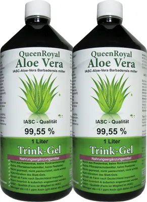 Produktbild von QueenRoyal Aloe Vera Trinkgel 2x 1 Liter Flasche 99.55% Barbadensis Miller Blattgel unverdünnt KEIN Saft KEIN Konzentrat OHNE künstliche Vitamine.