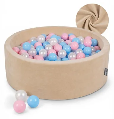 Zdjęcie produktu dla 1173 KiddyMoon Suchy basen okrągły VELVET z piłeczkami 7cm beż piasku: babyblue-pudrowy róż-perła 90x30cm/300piłek Zabawka basen piankowy