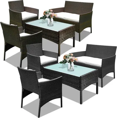 Immagine prodotto di Clanmacy Set da salotto 4 pezzi Mobili da balcone Set da giardino Set di sedute Set di sedute Polyrattan Nero/Marrone