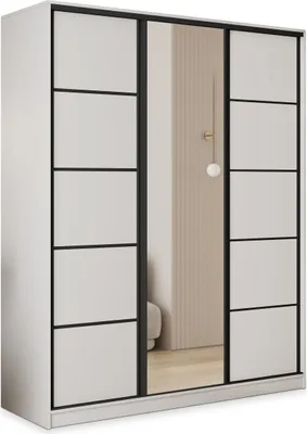 A white wardrobe with black trim and a mirrored center panel.