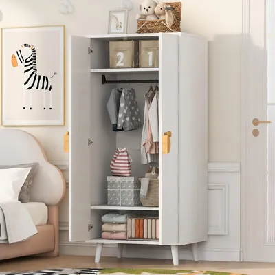 Productafbeelding van Merax garderobekast met grote opbergruimte, dubbele deur, handgrepen in cartoonstijl en verhoogde poten, geschikt voor slaapkamer of kinderkamer, wit