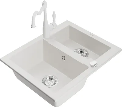 Produktbild von Mexen Carlos 1,5-Becken-Granitspüle mit Mischbatterie Carla, Weiß - 6518-20-670700-20