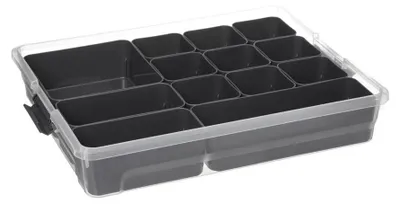 Produktbild von Aufbewahrungsbox 4.8 Liter mit 13 herausnehmbaren Fächern Five® - Transparent & Grau - Stapelbar | Mit Deckel | Mit Einsatzbeh\u00e4ltern