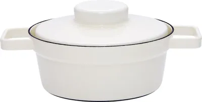 A white enamel pot with a lid and two handles, shown from the front.
