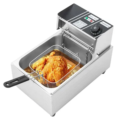 Obrázek produktu pro Elektrická fritéza, výkon 2,5 kW, objem 6 litrů, regulace teploty 60–200 °C, nerezový materiál, rozměry 49,5 x 33 x 35,5 cm