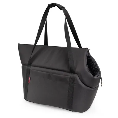 A black pet carrier bag is shown against a white background.