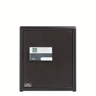 A black safe with a digital keypad and display is shown against a white background.