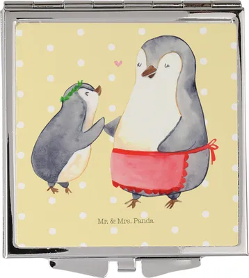 Produktbild von Mr. & Mrs. Panda Kleiner Spiegel Pinguin mit Kind - Gelb Pastell - Geschenk, Handspiegel, Kosmetikspiegel, Klappspiegel, Pinguine, Muttertag, Mom, Schminkspiegel, Tochter