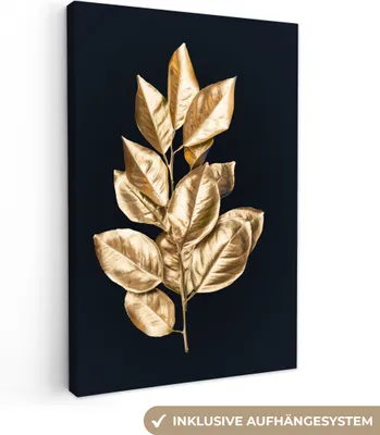 Produktbild von MuchoWow® - Leinwandbilder - Blätter - Gold - Luxus, Wandbild, Wanddeko Bilder Wohnzimmer, 80x120 cm