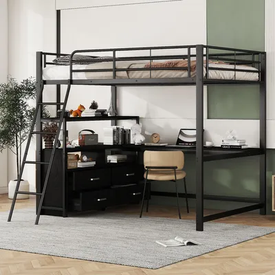 Produktbild von Merax Etagenbett 140x200cm, Metallbett Kinderbett mit L-förmigem Schreibtisch, 4 Schubladen, Regale, Hochbett, Stockbett, Jugendbett, Schwarz