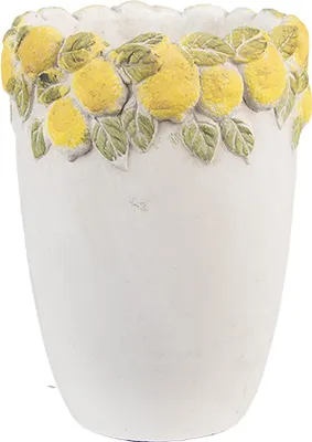 A white ceramic pot decorated with a band of yellow lemons and green leaves around the rim.