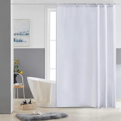 Produktbild von Schmaler Duschvorhang für Dusche und Badewanne, Badezimmervorhang aus Polyestergewebe, schimmelresistent, wasserabweisend und waschbar, weiß 150x200 cm mit 10 Duschvorhangringen.