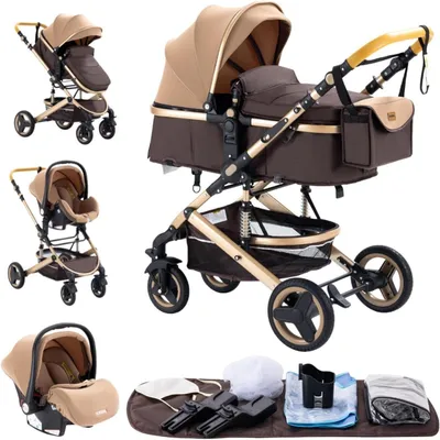Obrázok produktu pre Kočík 3 v 1 – Kombinovaný kočík – Pre prepravu bábätka – Systém dvojitého odpruženia – 60 x 105 cm – Khaki