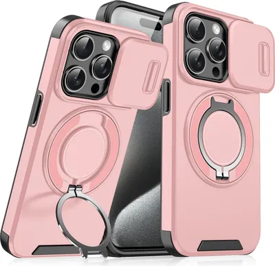 Immagine prodotto di Custodia a doppio strato per iPhone 15, con copertura scorrevole della fotocamera e supporto ad anello magnetico Rosa