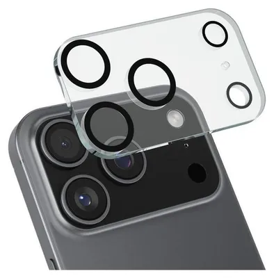 A close-up view of a phone's camera module with a glass lens protector being placed over it.