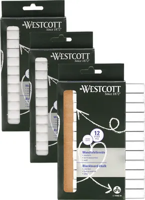 Produktbild von Westcott Kreide 12 Stück Weiss (3er-Set) | 3 x 12er Pack Tafelkreide mit 1,2cm ⌀ in deckendem Weiss | staubarm & leicht abwischbar | 8,5cm lange Kreidestifte | E-744982 00