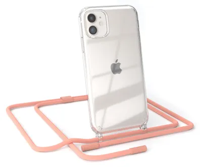 A clear iPhone case with a pink lanyard is shown against a white background.