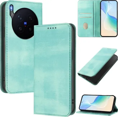 Obrázek produktu pro Pouzdro pro vivo X300 Pro, vintage kožené pouzdro s RFID ochranou, přihrádkami na karty, stojánkem Tyrkysový
