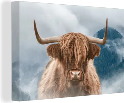 Produktbild von OneMillionCanvasses® - Leinwandbilder - 150x100 cm, Schottisches Hochlandrind - Berg - Nebel, Wandbilder Wohnzimmer Hochland Rind - Tier Wanddekoration - Hochland Rind - Kuh - Gemälde auf Holzrahmen