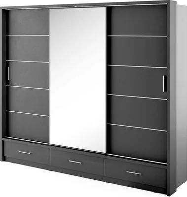 Produktbild von Furniture24 Schwebetürenschrank Kleiderschrank Schiebetürenschrank AR-01 ARTI Garderobenschrank mit Spiegel 3 Schubladen und Beleuchtung Schwarz Matt, 250 cm breit