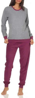 Produktbild von Damen langarm Frottee Pyjama Schlafanzug mit Bündchen und Zierspruch und Herzmotiv ; grau-melange , 36/38