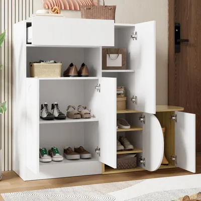 Produktbild von Moderner Schuhschrank mit Sitzbank 1 Schublade 5 Türen und offenem Ablagefach großer Stauraum für Flur und Eingangsbereich 130 × 35 × 110,5 cm