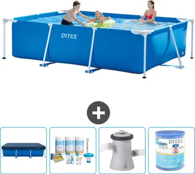 Produktbild von Intex-Schwimmbecken mit rechteckigem Rahmen – 300 x 200 x 75 cm – Blau – im Lieferumfang enthalten Abdeckung - Wartungspaket - Filterpumpe für Schwimmbad - Filter
