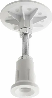 A white adjustable foot for a shower tray, made of plastic and metal.