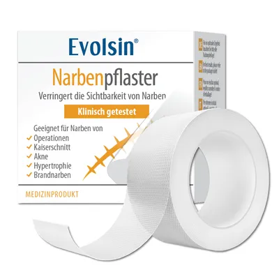 A product shot of Evolsin scar plaster packaging and a roll of the plaster.