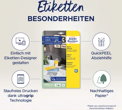 Produktbild von Avery Zweckform 7168-10 Versand-Etiketten, Home Office, Kleinpackung, A4 mit ultragrip, 199,6 x 143,5 mm, 10 Bogen/20 Etiketten, weiß