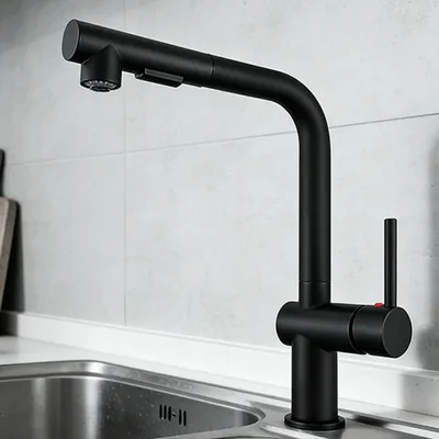Produktbild von AICA Messingkern Wasserhahn Küche L-förmig Ausziehbar 2 Strahlarten Hochbogen Küchenarmatur Schwarz